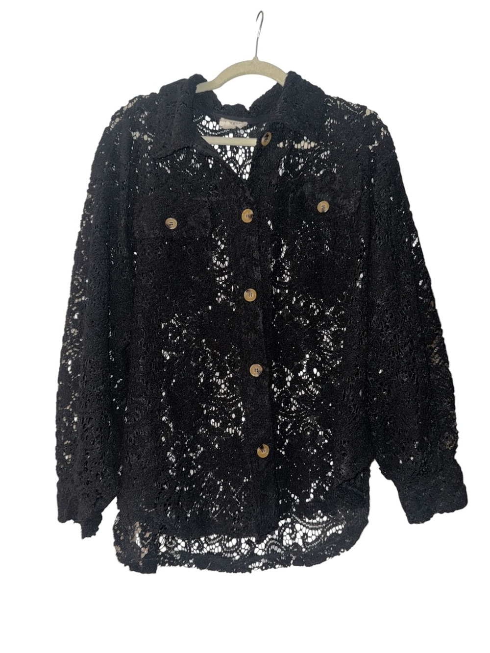 BiBi Black Lace Button-Front Shacket Front Pockets Size L